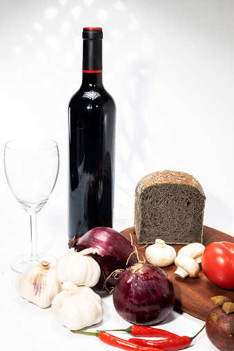 bread, vegetables and wine