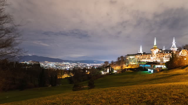 Zurich Skyline and Dolder Hotel Night Time Lapse