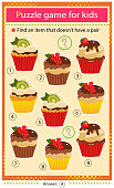 istock Find a item that does not have a pair. Puzzle for kids. Matching game, education game for children. Color set of holiday cupcakes or muffins. Worksheet to develop attention. 1307132319