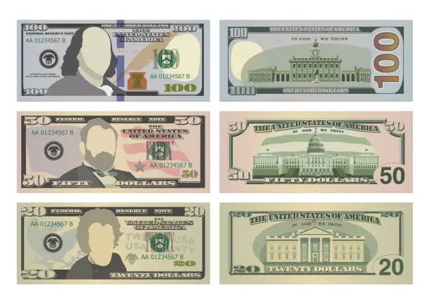 Vector illustration of Set of one hundred dollars, fifty dollars and twenty dollar bills in new design. 100, 50 and 20 US dollars banknotes from front and reverse side. Vector illustration of USD isolated on white