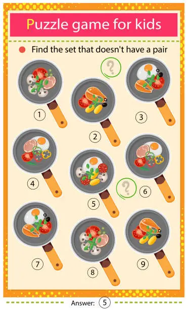 Vector illustration of Find a set that does not have a pair. Puzzle for kids. Matching game, education game for children. Color image of frying pans and products. Food and meals. Dishes and crockery. Worksheet to develop attention.