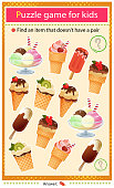 istock Find a item that does not have a pair. Puzzle for kids. Matching game, education game for children. Color set of ice cream. Worksheet to develop attention. 1307132938