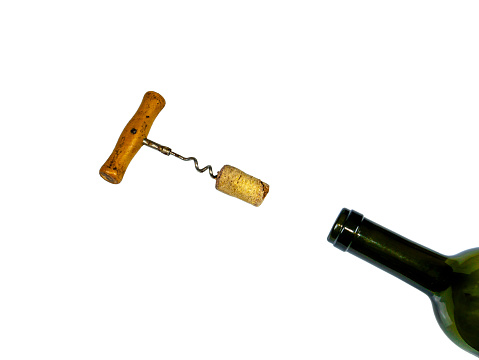 Corkscrew for opening wine bottle corks. Corkscrew for opening wine bottles. Cork stopper. White background. Kitchen tools. Opener. Bar instrument. Background image.