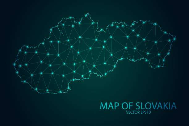 карта словакии - с светящимися точками и линиями весы на темном градиентном фоне, 3d сетки полигональных сетевых соединений - national flag flag planet symbol stock illustrations