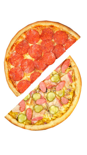 istock Pizza, two halves isolated on a white background. Versus concept. Appetizing pizza. 1307135108