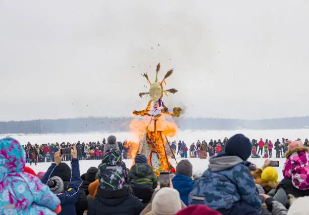 Russia, Solnechnogorsk - March 14, 2021: Maslenitsa holiday. National Russian spring festival