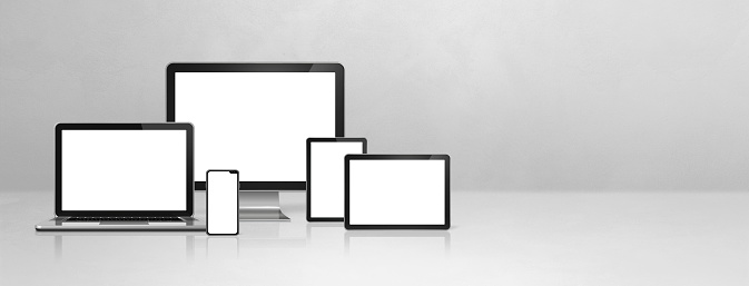 Computer, laptop, mobile phone and digital tablet pc - white concrete office desk banner. 3D Illustration