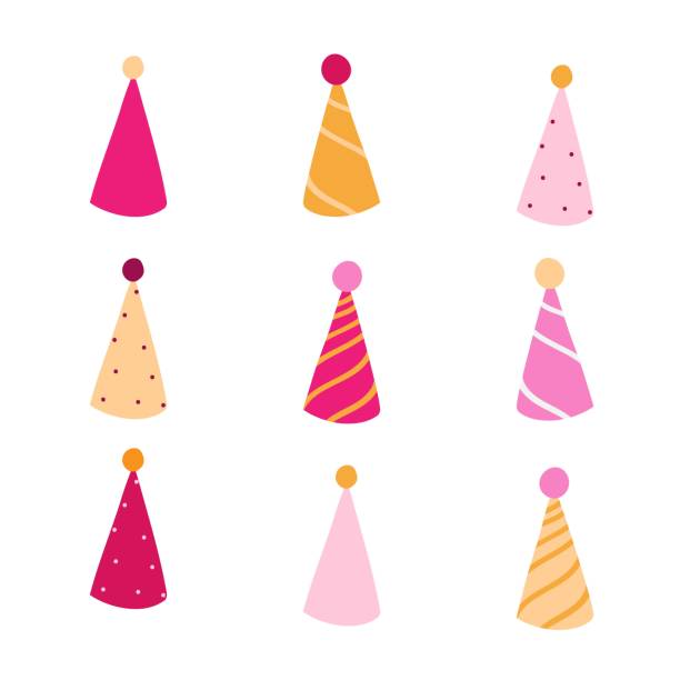 흰색 배경에 세팅된 생일 모자 - 파티 모자 stock illustrations