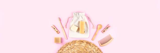 istock Banner made from zero waste set for bathing on light pink background. 1307141198