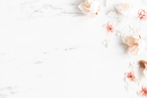 istock Flowers composition. White and pink flowers on marble background. Flat lay, top view 1307142306