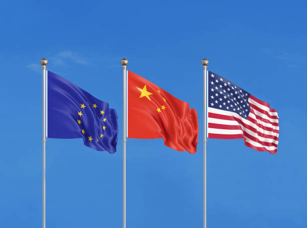 istock Three flags. USA (United States of America), EU (European Union) and China. 3D illustration. 1307142309