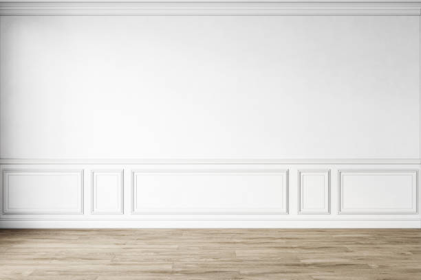 istock Classic white empty interior with wall panels, moldings and wooden floor. 3d render illustration mockup. 1307142547