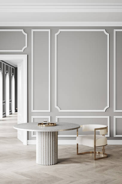 istock Gray classic interior with round table, chair, wall panel and moldings. 3d render illustration mockup 1307142609