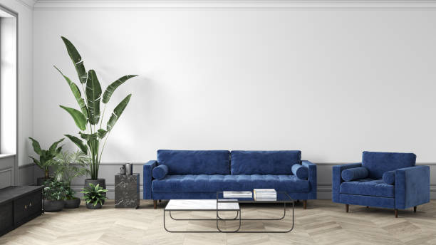 istock Mid-century modern white interior with blue sofa and armchair, coffee table and decor. 3d render illustration mock up. 1307142681