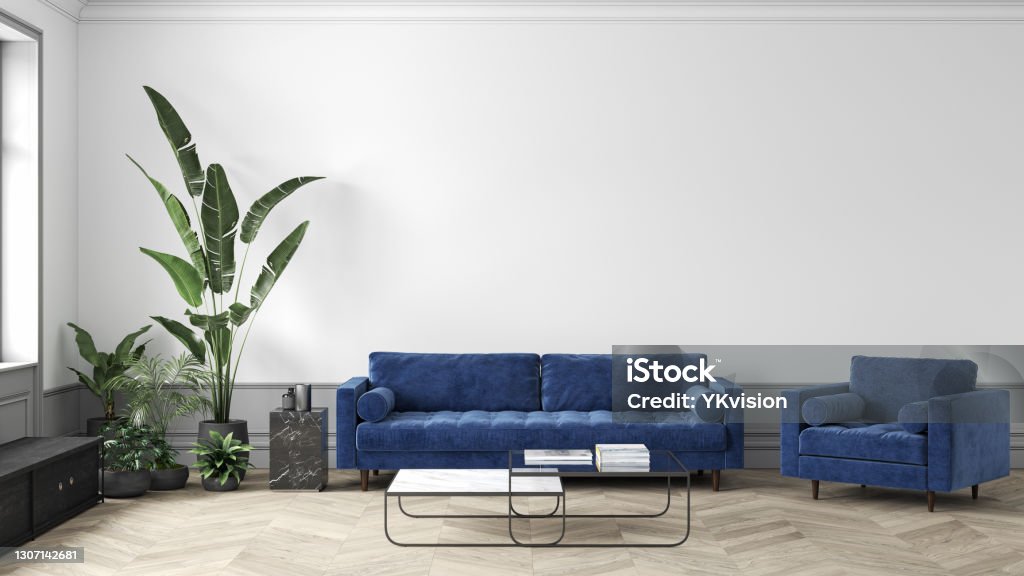 Mid-century modern white interior with blue sofa and armchair, coffee table and decor. 3d render illustration mock up. Domestic Room Stock Photo