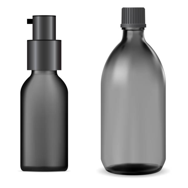istock Black glass bottle. Syrup jar mockup, liquid juice 1307142735