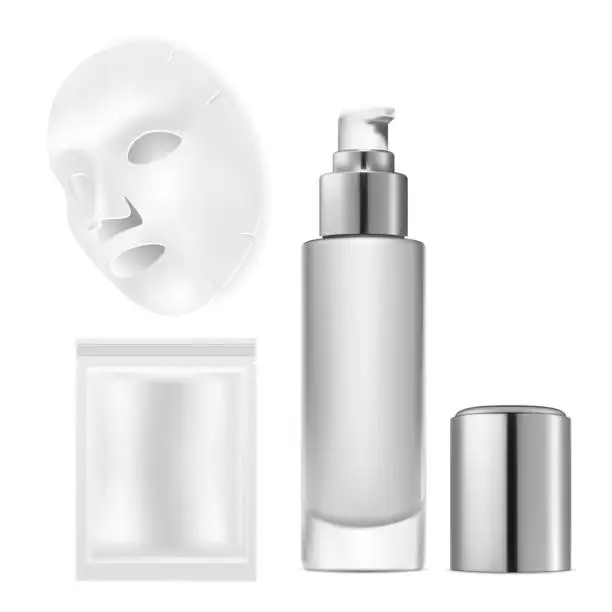 Vector illustration of Face mask with pouch. Facial mask silver package