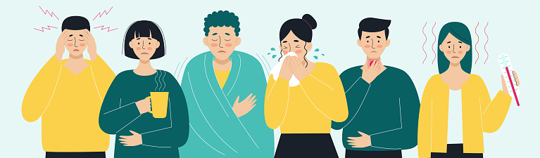 A set of sick people. Virus, headache, fever, cough, runny nose. The concept of viral diseases, coronavirus, epidemics, covid-19, colds. Illustration in flat style