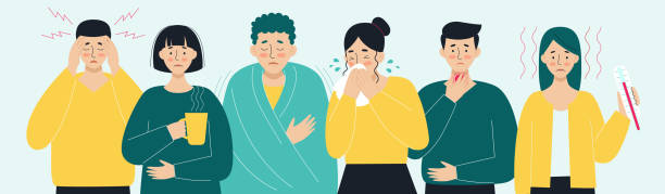 A set of sick people. Virus, headache, fever, cough, runny nose. The concept of viral diseases, coronavirus, epidemics, covid-19, colds. Illustration in flat style A set of sick people. Virus, headache, fever, cough, runny nose. The concept of viral diseases, coronavirus, epidemics, covid-19, colds. Illustration in flat style cold and flu stock illustrations