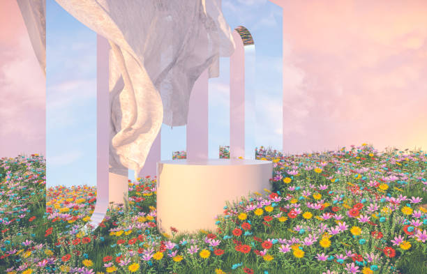 istock Natural beauty podium backdrop with spring flower field scene. 1307143635
