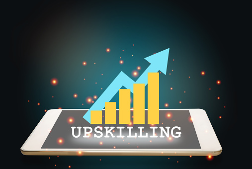 Upskilling and growth graph on computer tablet on revolution abstract background. 3d illustration and 3 rendering