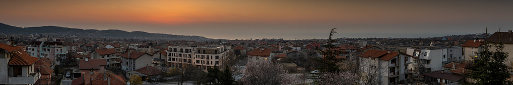 Landscape City at Sunrise with Moon. Vinitsa, Varna, Bulgaria.