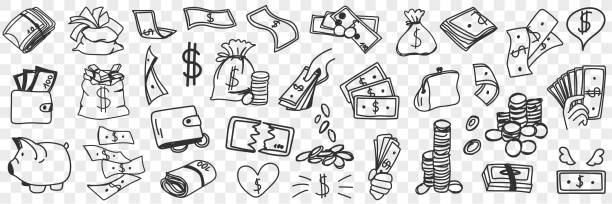 Money and finance doodle set Money and finance doodle set. Collection of hand drawn cash savings piggybank scale with dollars currency stack of coins money savings isolated on transparent background budget drawings stock illustrations