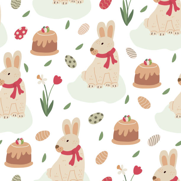 ilustrações, clipart, desenhos animados e ícones de padrão de mola sem emenda com coelhos na grama, ovos, tulipas e bolos de páscoa. - color image colored background easter animal body part