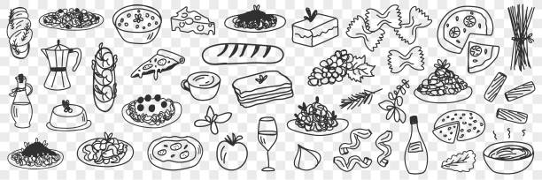 Foods and drinks doodle set Foods and drinks doodle set. Collection of hand drawn edible and tasty bread cakes fruits pizza soup olive oil and drinks in glass and pot isolated on transparent background food cake tea sketch stock illustrations