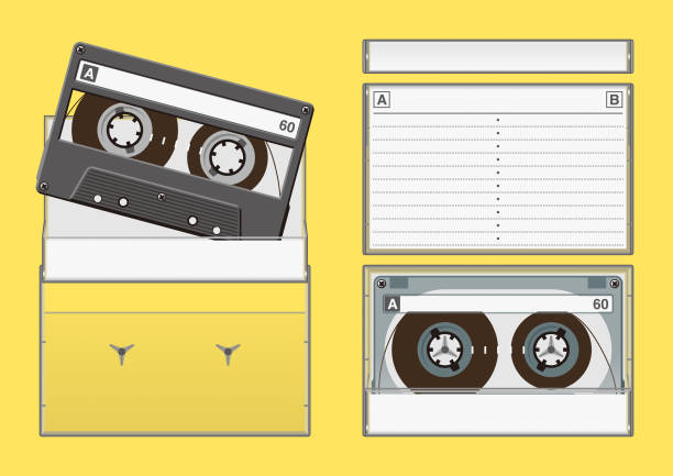 illustrations, cliparts, dessins animés et icônes de vue avant, arrière et latérale des caisses de bande de cassette de musique - retro revival music audio cassette old