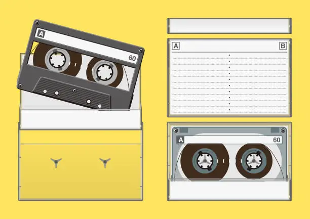 Vector illustration of Front, back and side view of music cassette tape cases