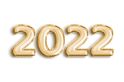 Gold colored balloon 2022 on white background.
