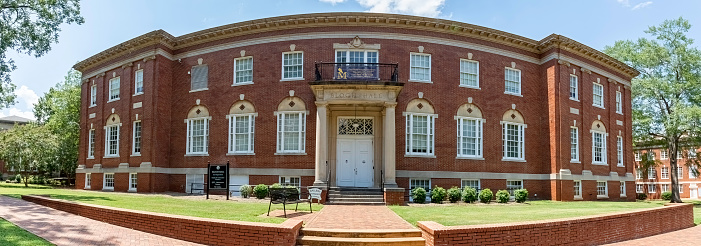 Montevallo, Alabama/USA-August 4, 2020:  Panoramic cylindrical view of Bloch Hall on the University of Montevallo was built in 1915 and was the first building built specifically for the school.