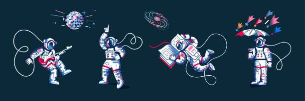 Funny astronaut in space set. Man dancing to funky disco music, playing guitar, standing with umbrella in space, reading book. Space exploration fun entertainment vector illustration.