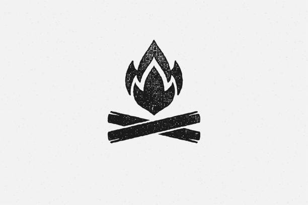 ilustrações de stock, clip art, desenhos animados e ícones de silhouette of hot campfire burning on logs on campsite hand drawn stamp effect vector illustration - campfire