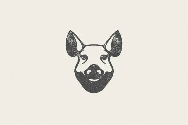 Vector illustration of Pig head silhouette for meat industry hand drawn stamp effect vector illustration