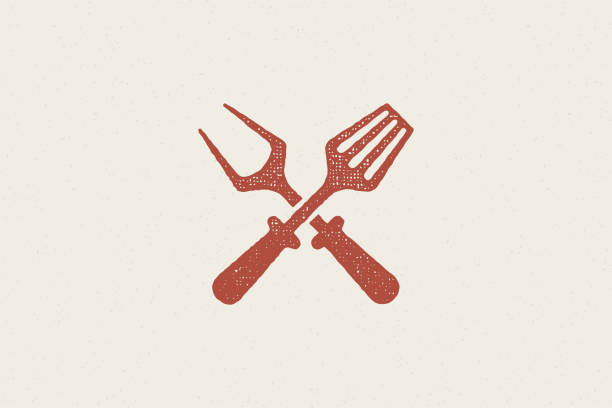 Fork and spatula crossed silhouette as symbol barbecue food preparation hand drawn stamp effect vector illustration. Vintage grunge texture emblem for bbq packaging and menu design or label decoration