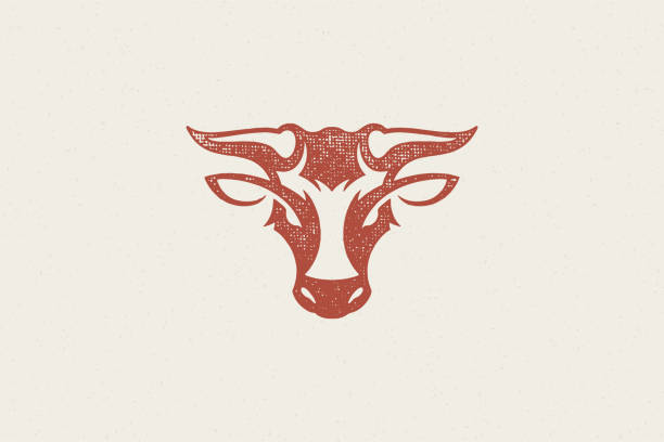 ilustrações de stock, clip art, desenhos animados e ícones de bull head silhouette with large horns for animal husbandry industry hand drawn stamp vector illustration - bull