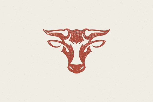 Bull head silhouette with large horns for animal husbandry industry hand drawn stamp vector illustration. Vintage grunge texture emblem for butchery packaging and menu design or label decoration.