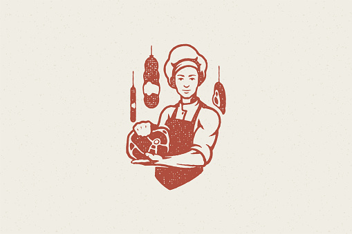 Man in apron and cap demonstrating piece of fresh meat hand drawn stamp effect vector illustration. Vintage grunge texture emblem for butchery packaging and menu design or label decoration.