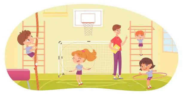 Vector illustration of Kids doing various sports in physical education class at school. Children with teacher doing exercise in PE vector illustration. Girl skipping, with hula hoop, boy climbing and hanging on bar