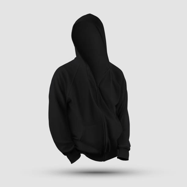 istock Black textile template with hood 3D rendering with pocket, zipper, drawstring isolated on background, front view. 1307156720