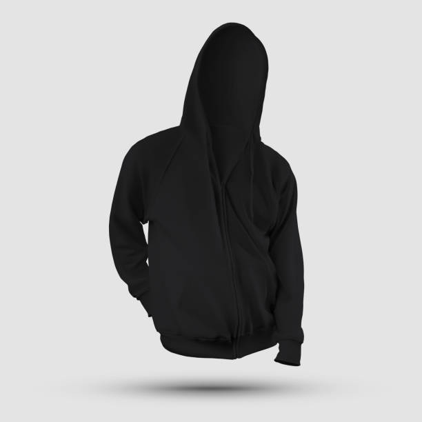 istock Black hooded sweatshirt template, 3D rendering of sweatshirt with pocket, zipper, ties, front view, for design presentation, print. 1307157231