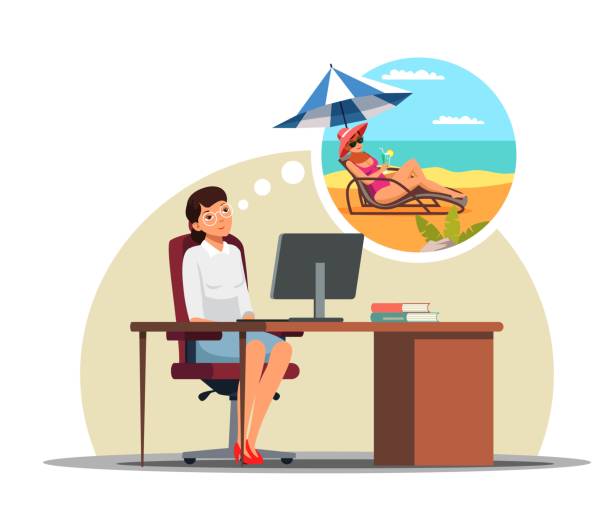 ilustrações de stock, clip art, desenhos animados e ícones de woman sitting at desk in office, dreaming of rest - vector sand summer smiling