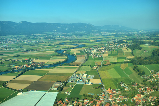 Fantastic countryside in the area of Grenchen in Switzerland seen from a small plane in flight September 17,2020