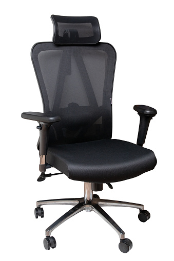 Closeup of a black comfortable office or computer swiwel chair isolated on white background. Clipping path. Ergonomic design chair for a healthy back.