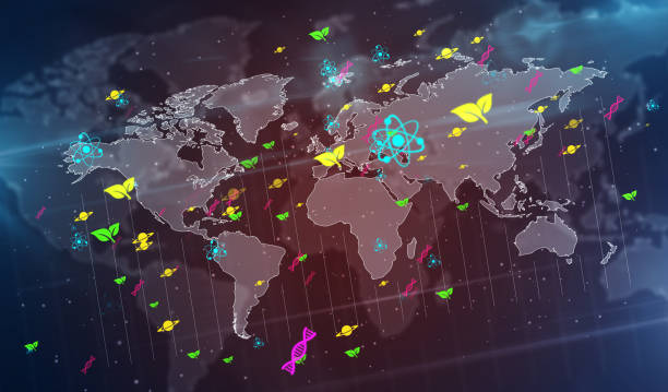 istock Science symbols and icons on digital globe background 1307159959