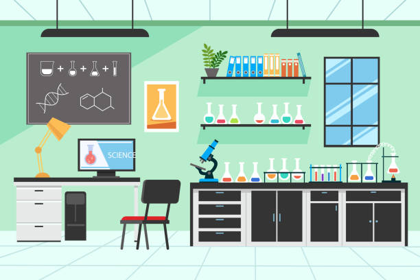 ilustraciones, imágenes clip art, dibujos animados e iconos de stock de ilustración de sala de laboratorio plana ilustración vectorial - house business home interior research