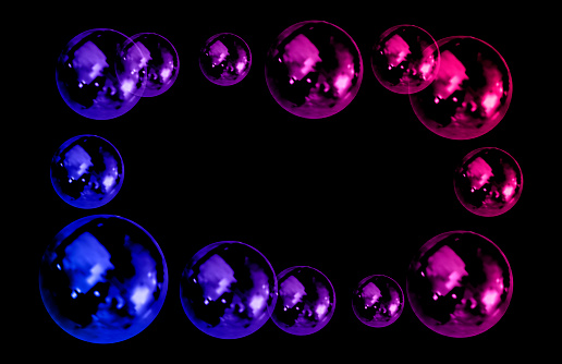 Vector Gradient Colored Bubbles Background, Frame, Realistic 3D Air Bubbles, Gradient Ultraviolet Color, Rectangular Blank Frame Template.