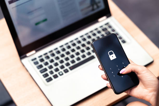 istock Phone password lock for mobile cyber security or login verification passcode in online bank app. Data privacy and protection from hacker, identity thief or cybersecurity threat. 1307162571